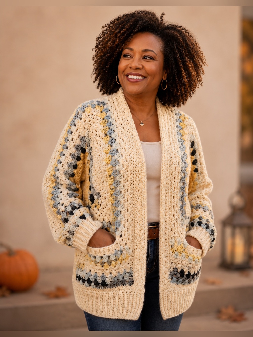 Crochet Cardigan Cream&Gray Brooch included